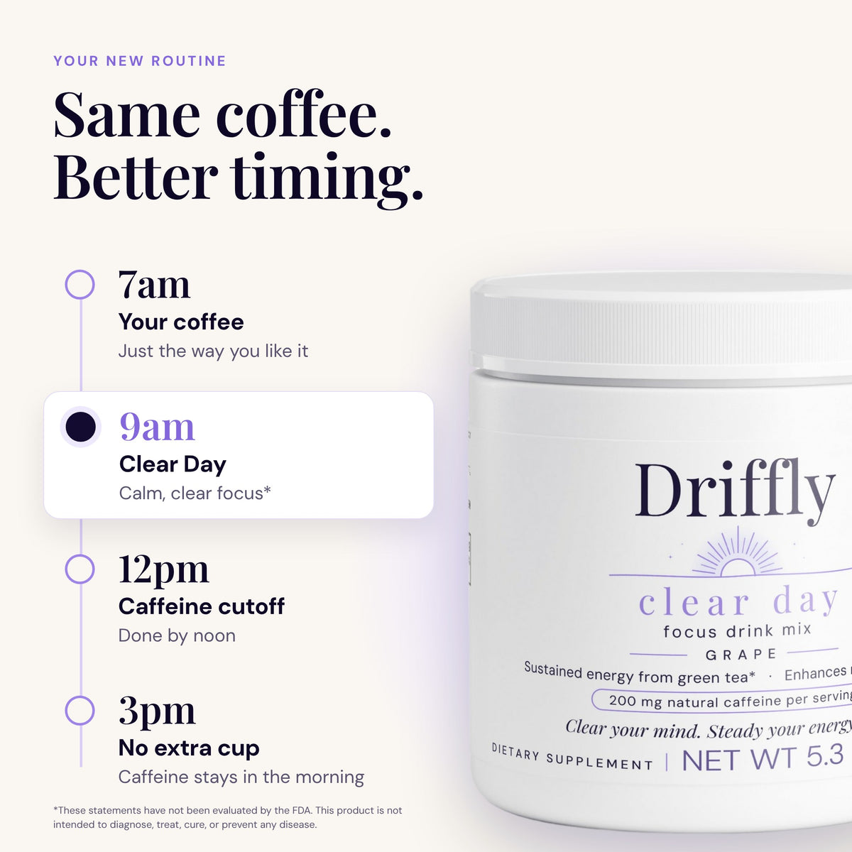 Same coffee, better timing: coffee at 7am, Driffly Clear Day at 9am, caffeine cutoff at noon, no extra 3pm cup