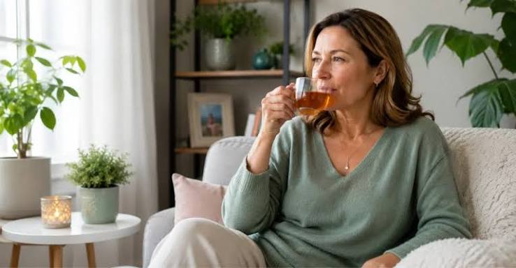 A woman in her 50s relaxing on the couch in the evening with a cup of herbal tea.