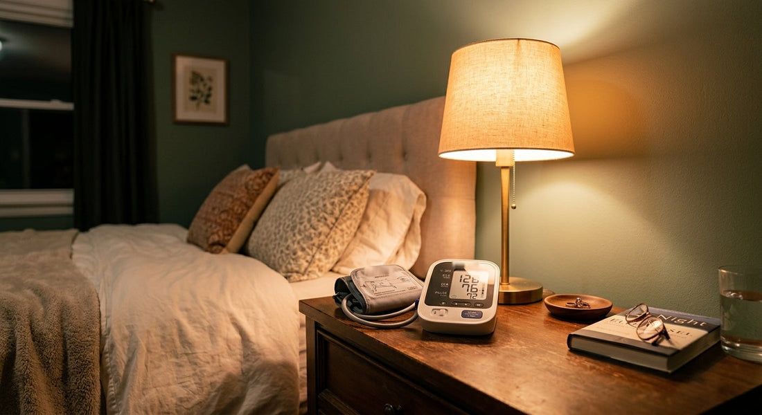 A home blood pressure monitor and cuff on a nightstand beside a warm lamp in a calm bedroom.