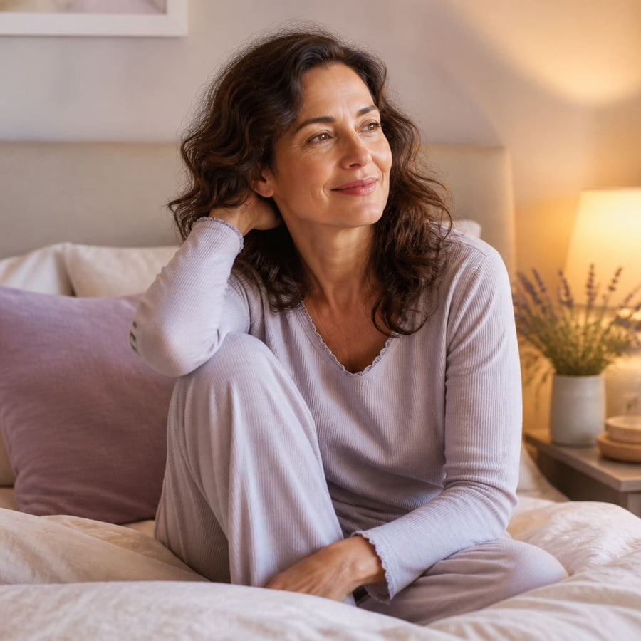 A relaxed woman in her 40s sitting on her bed at night by a warm lamp