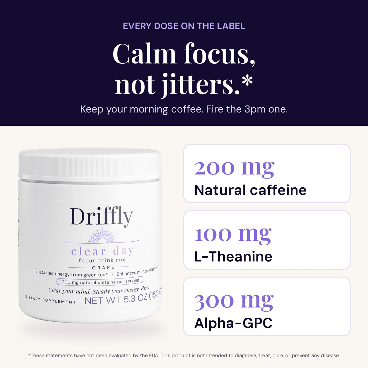 Calm focus, not jitters: 200 mg natural caffeine, 100 mg L-Theanine and 300 mg Alpha-GPC per serving