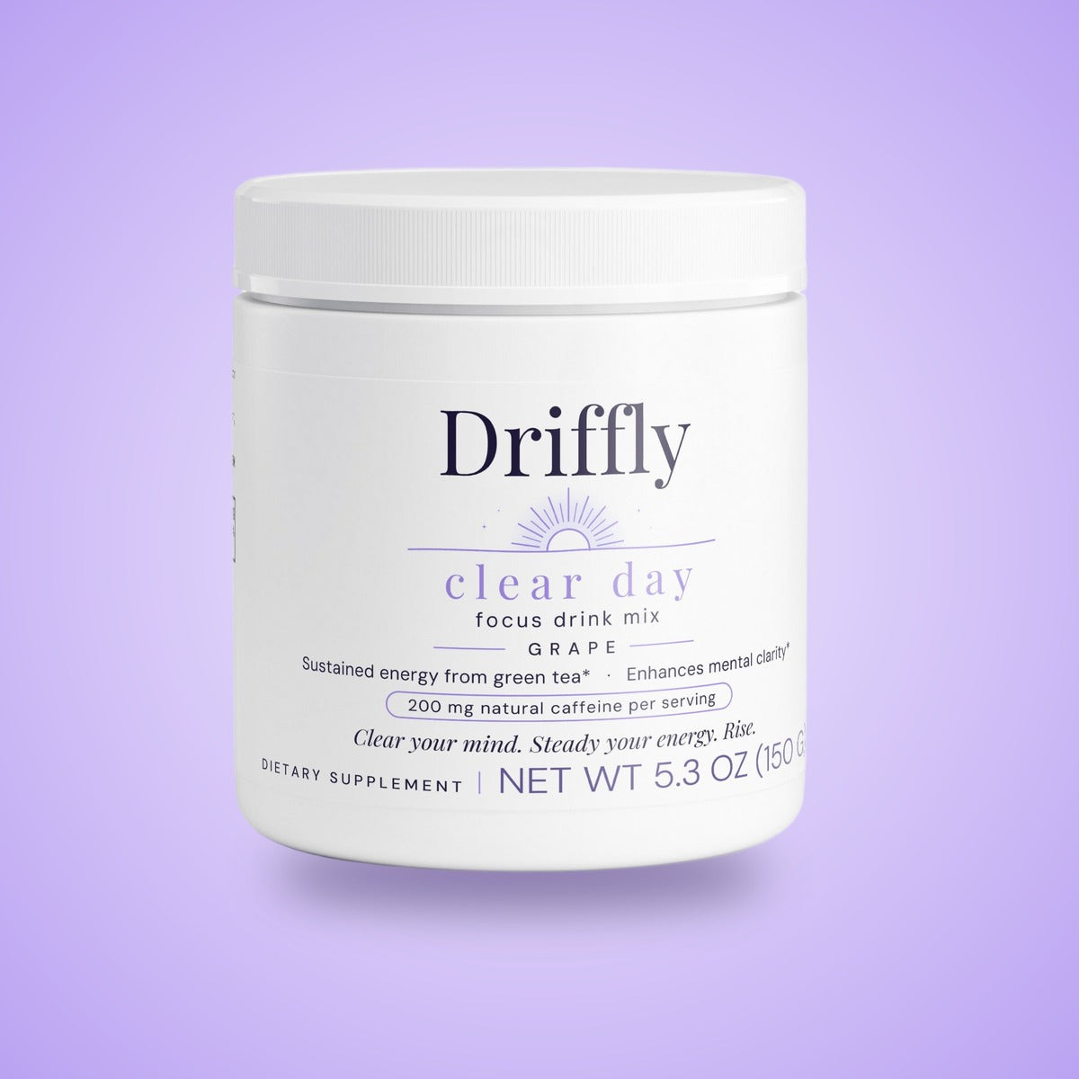 Driffly Clear Day focus drink mix, grape, on a lavender background